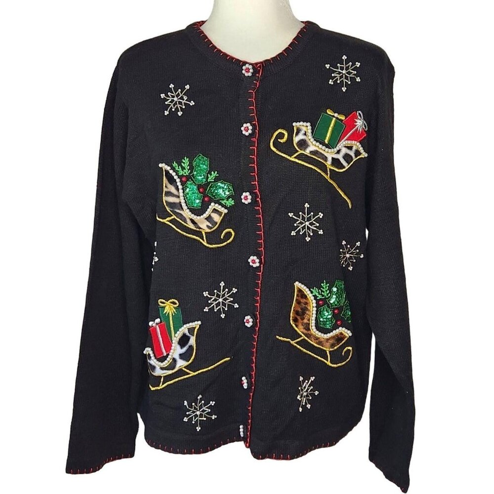 Vintage 1990s Black Medium Christmas Cardigan Sweater NWT Sequin Sleighs Gifts S